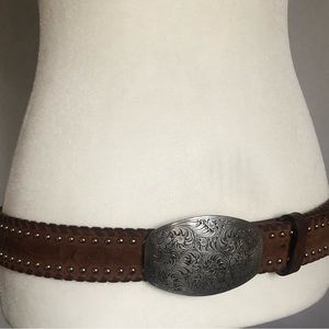 Brown Genuine Leather Belt with Silver Oval Engraved Western Buckle